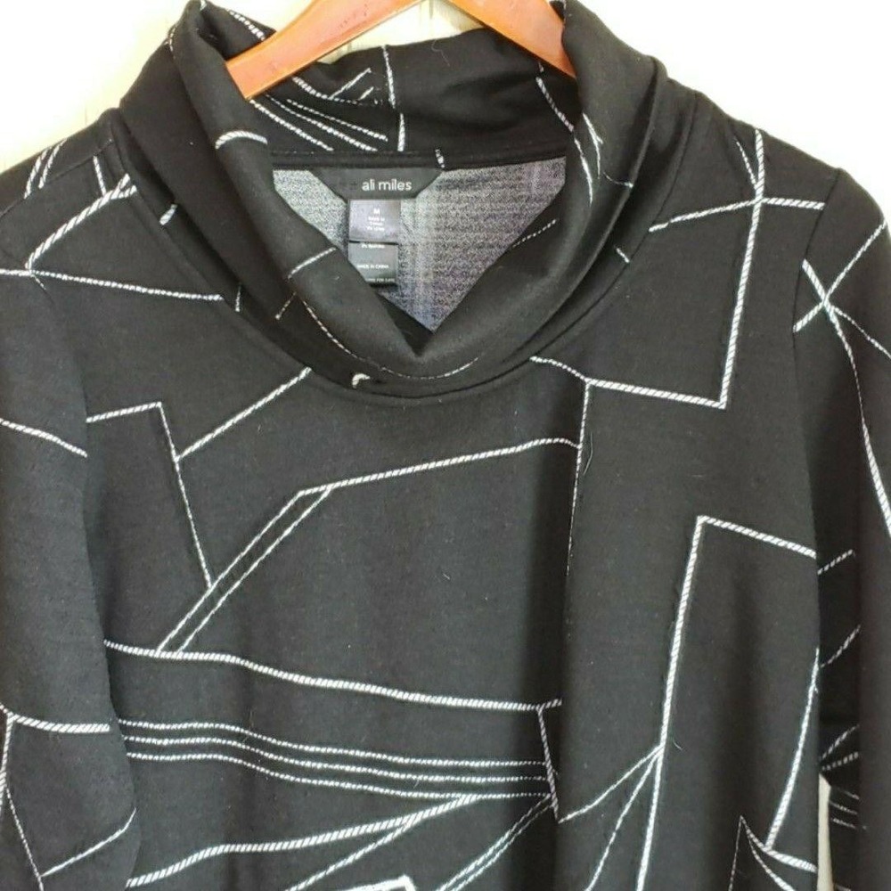 Ali Miles Blouse Womens Medium Black‎ Cowl Neck 3/4 Sleeve Geometric Tunic Top